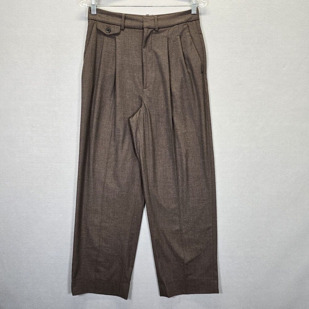 Zara Women's Brown  High Rise Pleated Wide Leg Baggy Work Trousers Pants Size XS